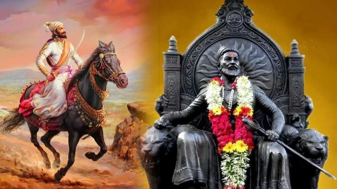 Chhatrapati Shivaji Maharaj riding a horse and a garlanded statue on a throne, symbolizing Hindavi Swarajya.